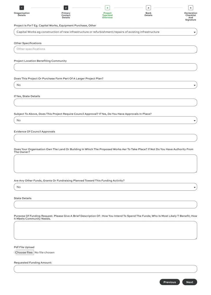Grant application form with project details