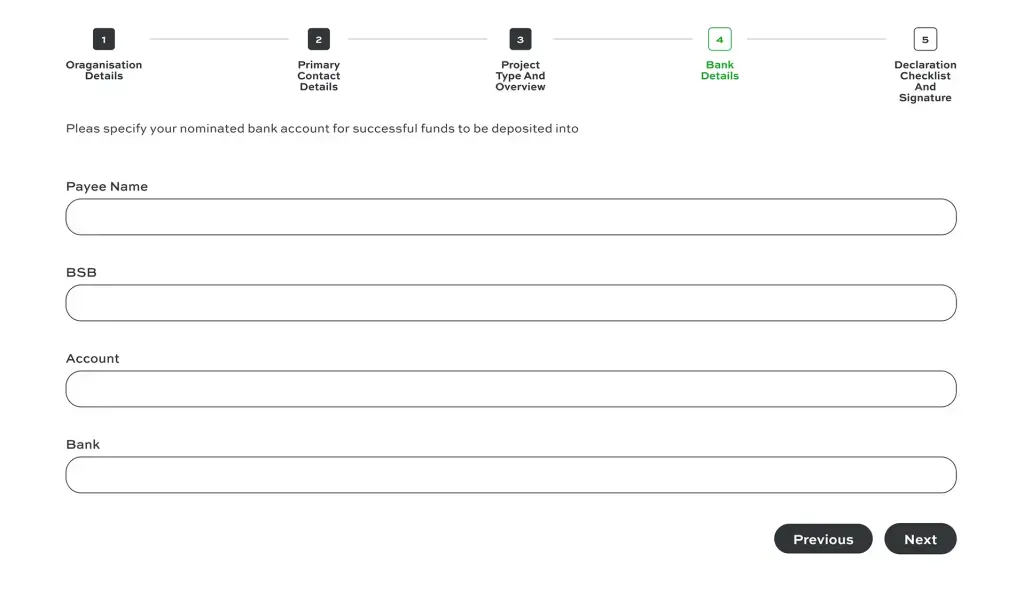Bank details form for grant application