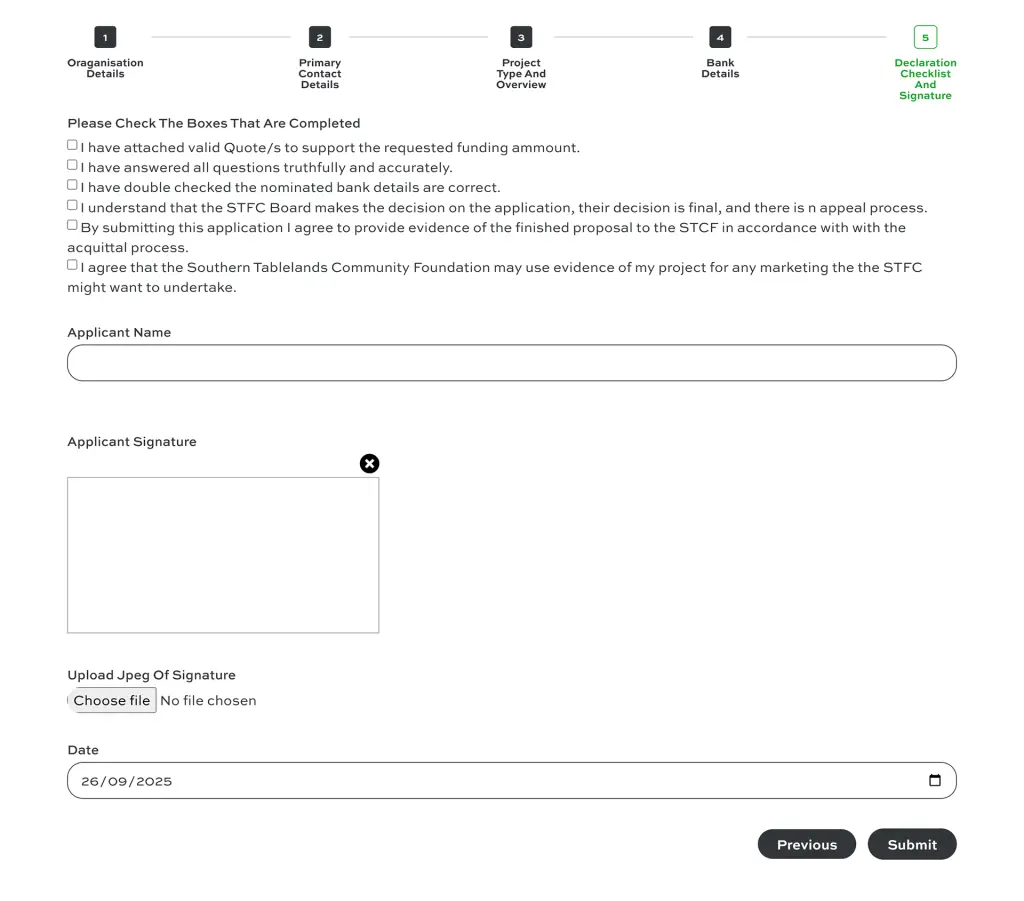 Grant application form with signature section